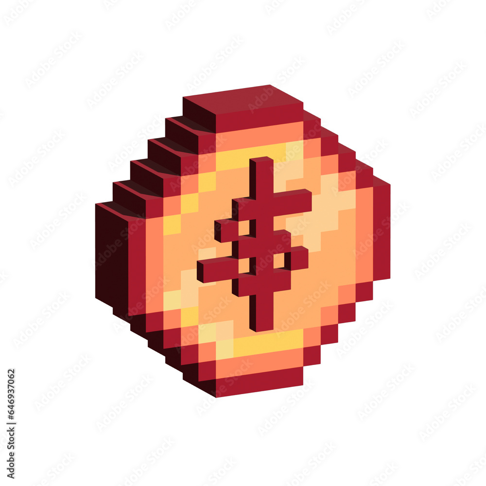 Poster isometric pixel art 3d of coin business for items asset. simple 3d of golden coin money success on p