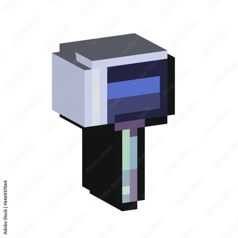 Poster isometric pixel art 3d of hammer for items asset. simple 3d of blue hammer tools blacksmith on pixel
