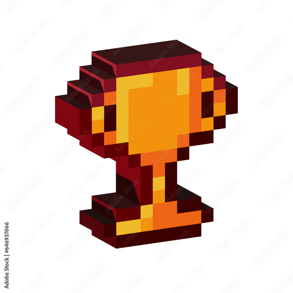 Poster isometric pixel art 3d of winnig cup for items asset. simple 3d of golden cup victory on pixelated s