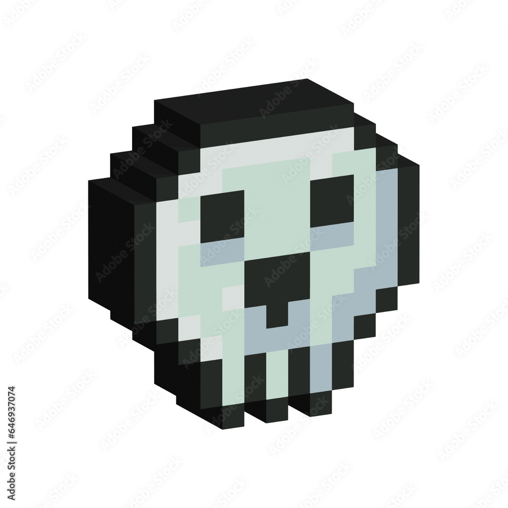Poster Isometric Pixel art 3d of skeleton head bones for items asset halloween. simple 3d of head on pixelated style.8bits perfect for game asset or design asset element for your game design asset.
