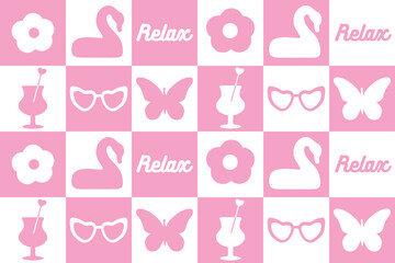 abstract, seamless pattern of pink daisies,  butterfly, glasses. fashionable plaid, cute graphics in a barbie style. for print, advertising, wrapping paper, web, social media. vector art.