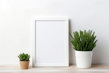 White frames on a shelf with a plant. Scandi style.