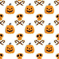 Halloween pumpkins, skulls and candy canes isolated on white background. Cute holiday seamless pattern. Vector simple flat graphic illustration. Texture.