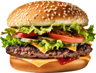 Hamburger, beef patty, cheese, lettuce, tomato, pickles, bun. PNG, Transparent, isolate.