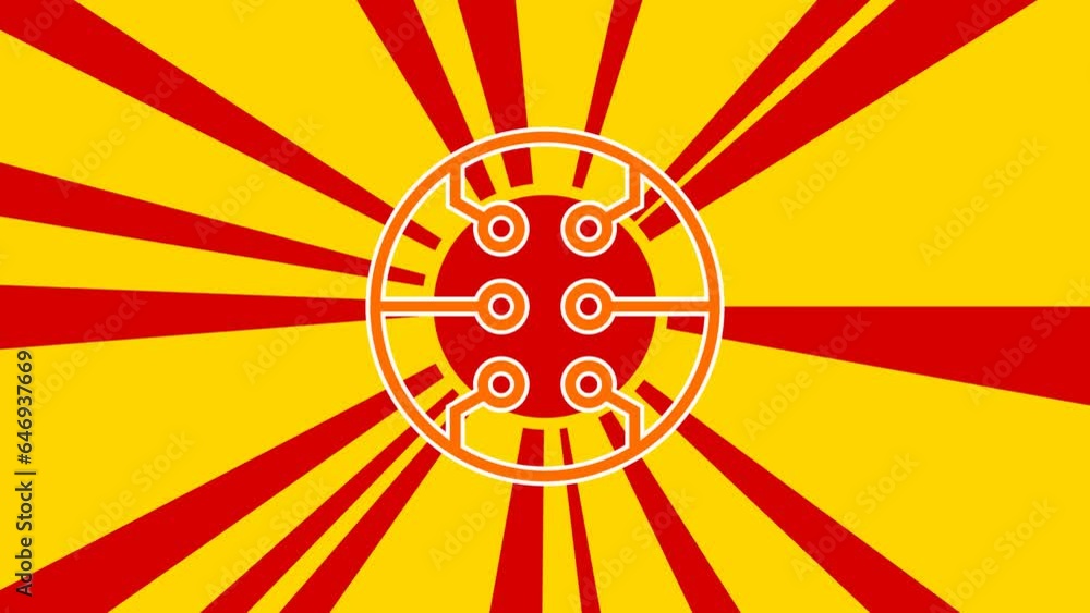 Poster microcircuit symbol on the background of animation from moving rays of the sun. large orange symbol 