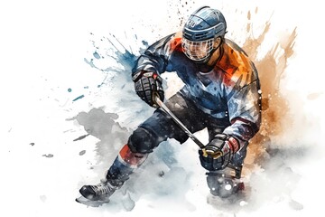 Man playing ice hockey, portrait of a professional hockey player in action. Watercolor painting. Generative AI.