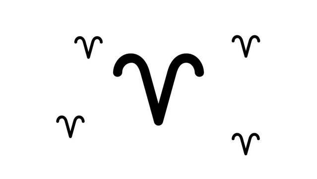 Zoom in and out animation the zodiac aries symbol. Large black symbol in the center and four small symbols around. Seamless looped 4k animation on white background