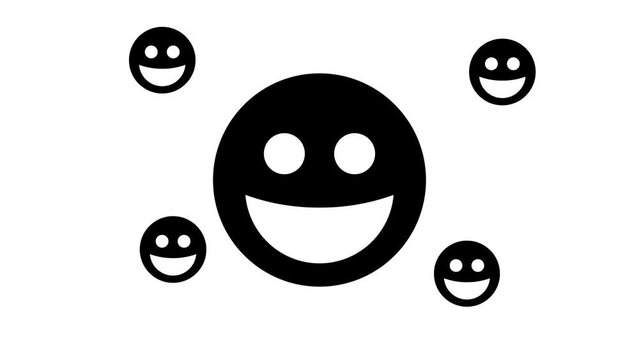 Zoom in and out animation the laughter smiley symbol. Large black symbol in the center and four small symbols around. Seamless looped 4k animation on white background