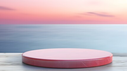 Round Marble Podium in magenta Colors in front of a blurred Seascape. Luxury Backdrop for Product Presentation
