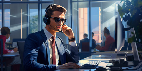 Salesman in a bright, shiny hyper-modern office answering a phone call using a headset with microphone on, sitting at a neat office desk - obrazy, fototapety, plakaty