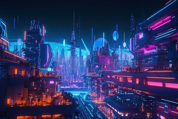 Spectacular city of the future all illuminated at night, 3d AI generation