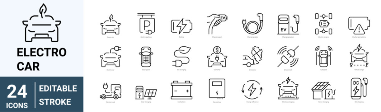 Electric car line web icons. Battery, charging station, Plug-in, Solar panel, ecology, Service, Vector illustration. Outline icon. Editable stroke.
