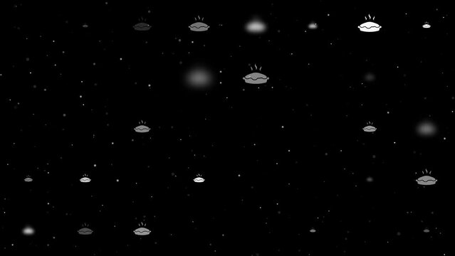 Template animation of evenly spaced hot pie symbols of different sizes and opacity. Animation of transparency and size. Seamless looped 4k animation on black background with stars