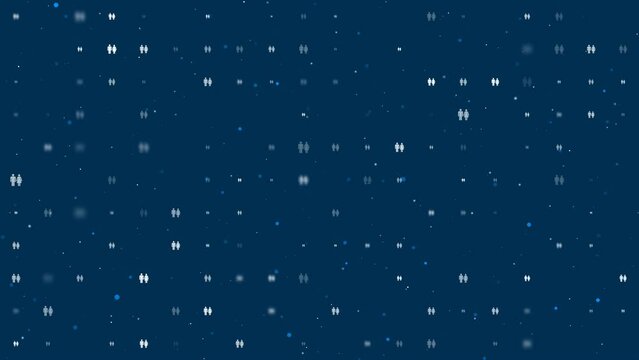 Template animation of evenly spaced man with woman symbols of different sizes and opacity. Animation of transparency and size. Seamless looped 4k animation on dark blue background with stars