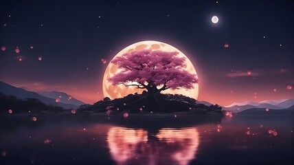 landscape with a moon rising over a blossoming cherry tree on an island and 2nd moon & stars in the sky - obrazy, fototapety, plakaty