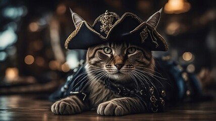 Cat dressed up in a pirate hat and coat, on a table - obrazy, fototapety, plakaty