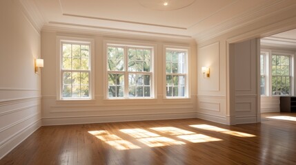 Renovated room with wood floors, moulding, tan paint, and ceiling lights. - obrazy, fototapety, plakaty