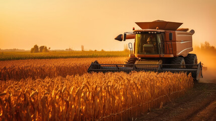A large agricultural machine mows a cornfield at sunset