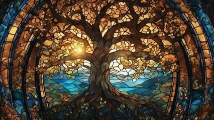Tree of life stained glass window with sun shining through - 646938093