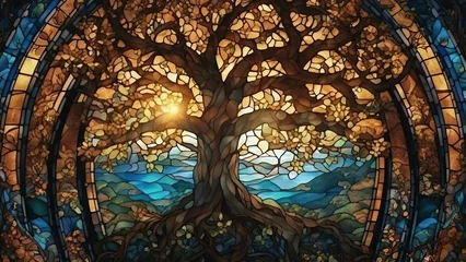Foto op Aluminium Tree of life stained glass window with sun shining through © Jared