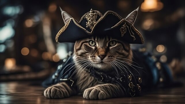 Cat dressed up in a pirate hat and coat, on a table