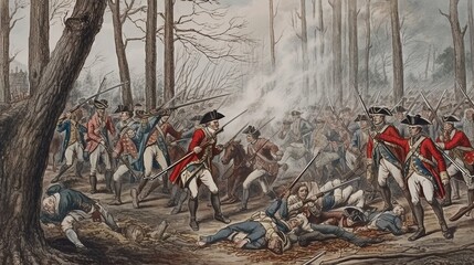 Watercolor drawing of the representation of a battle between the English and American armies. - obrazy, fototapety, plakaty