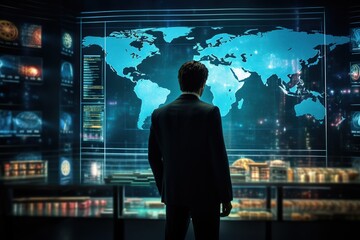 a businessman analyzing data standing in front of a big digital futuristic screen with world map