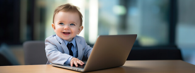 Happy cute kid working on laptop in office. Copy space
