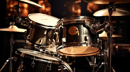Fotobehang image showing the intricate details of a drum kit, with close-ups of the various drums, cymbals, and hardware, bathed in dramatic stage lighting. © pvl0707