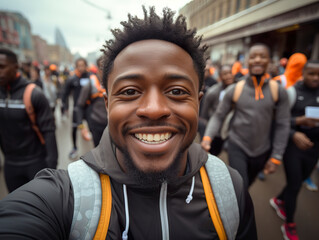 Naklejka premium At a running marathon, a black marathon runner takes a selfie while running through the crowd. Black man running a marathon happy to participate with his friends.