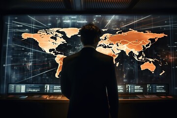 a businessman analyzing data standing in front of a big digital futuristic screen with world map