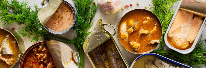 Different open tin cans with canned fish among spices and herbs, canned salmon and mackerel, sprat and sardine, tuna and herring and fish pate, banner