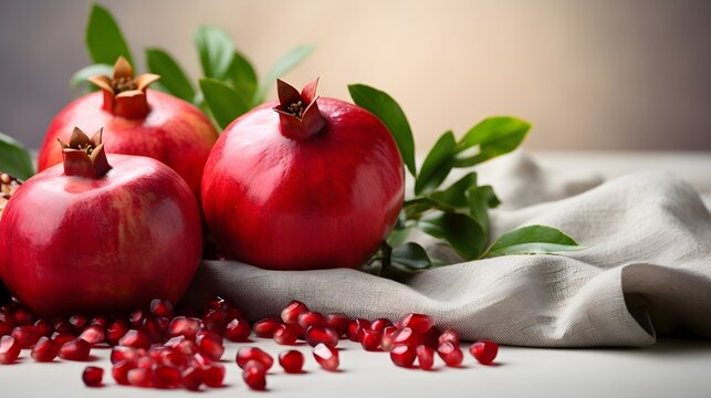 Close up organic pomegranates on a table. Summer bright rustic background.