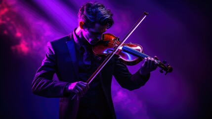 Fototapeta premium elegant and atmospheric image featuring a skilled viola player performing under soft stage lighting, capturing the intensity and passion of their music.