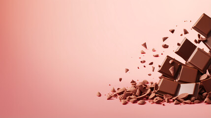 Broken chocolate bar pieces falling on pink beige background - Powered by Adobe
