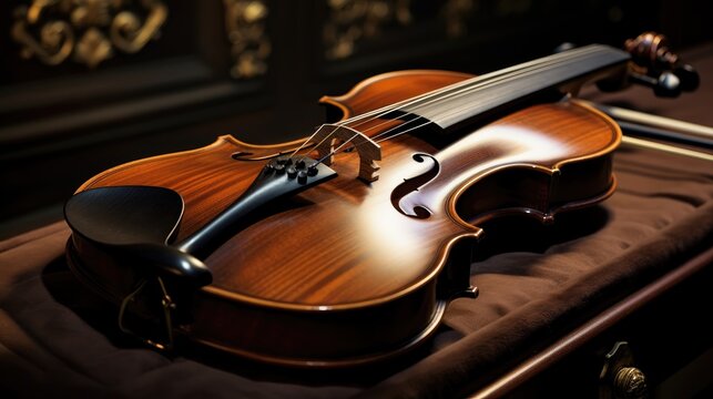 close-up image of a beautifully crafted viola resting in its case, highlighting the intricate details of the instrument's design and woodwork.