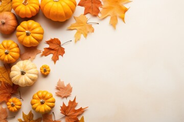 Happy Thanksgiving season celebration traditional pumpkins on decorated table fall autumn leaves background. Halloween decorations autumn cozy backdrop, mock up, copy space.