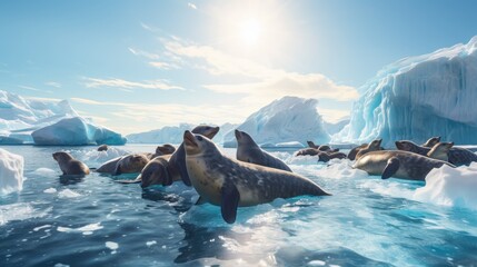 huddle of fur seals basking in the Antarctic sunlight, with icebergs floating in the background.