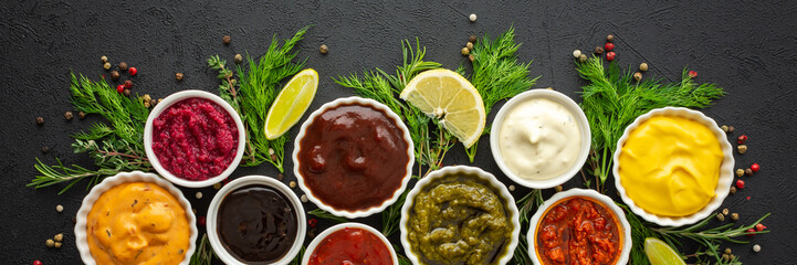 Sauces in bowls with seasonings