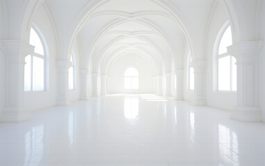Empty spacious hall with white walls and white floor. All-white high-class residential environment with sunlight. Empty space with windows.