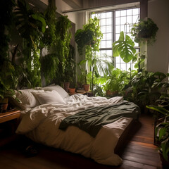 Urban Jungle Bedroom: Incorporating a plethora of indoor plants to create a lush, natural oasis within the comfort of a bedroom. AI Generated