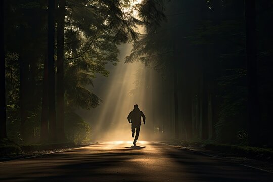 a male running down the road in the forest Generative AI