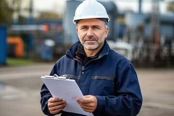 portrait of a construction worker using a clipboard and wearing hard hat and high-vis jacket