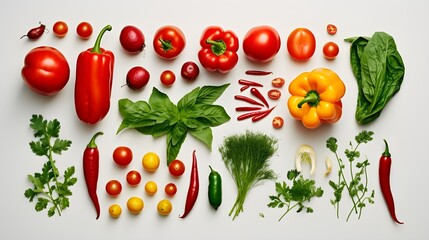 Various red vegetables photo realistic flat lay pattern background.