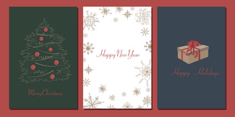 A set of Christmas cards. New Year's openings. Winter postcards. Christmas tree, snowflakes, gift