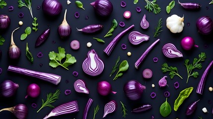Various purple vegetables photo realistic flat lay pattern background.