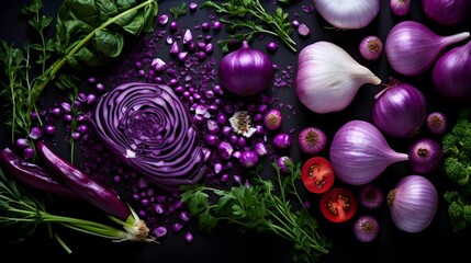 Various purple vegetables photo realistic flat lay pattern background.