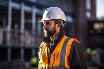 Fototapeta premium portrait of a construction worker wearing a hard hat and high-vis jacket