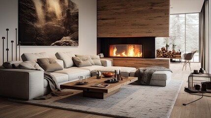 A contemporary living room with a cozy couch.