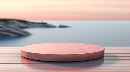 Round Marble Podium in red Colors in front of a blurred Seascape. Luxury Backdrop for Product Presentation
